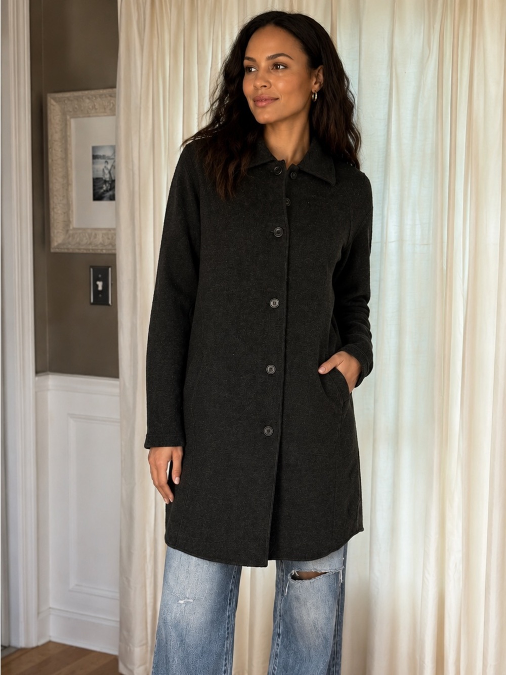 Vintage Jones of New York 100% Merino Wool Women’s Button-Front Sweater Coat
